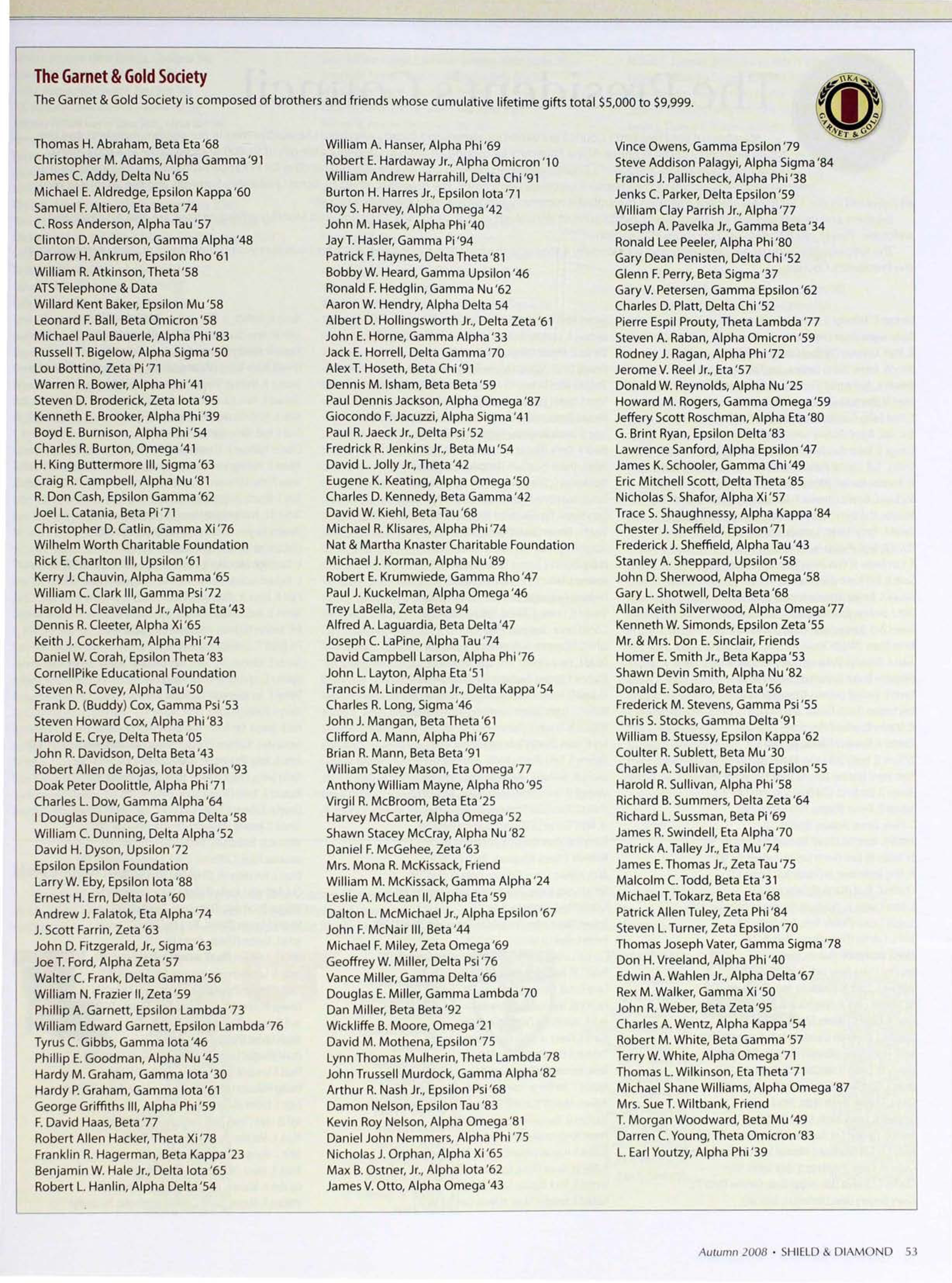 The Garnet & Gold Society, Autumn 2008